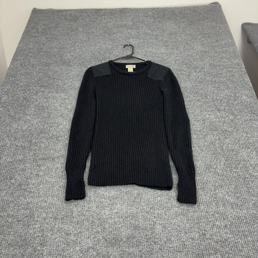 LL Bean Sweater Mens S Black Merino Wool Ribbed Patch Commando Military Outdoor